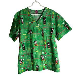 Disney Christmas Women's Scrub Top Shirt Scrubs Size Large Mickey Minnie Green